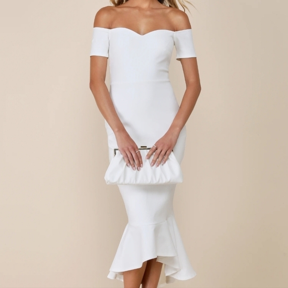 Lulus Dresses & Skirts - Lulu's How Much I Care ivory off shoulder fitted bodycon trumpet midi dress